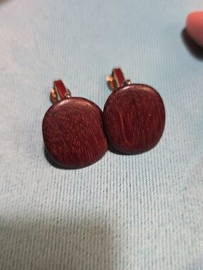 Round Wooden Button Clip On Earrings - Deep Mahogany Red